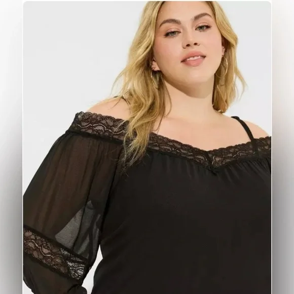 Torrid Elegant Women's Chiffon Black Off-Shoulder 3/4 Sleeve Lace Top Blouse, NW - Picture 8 of 13
